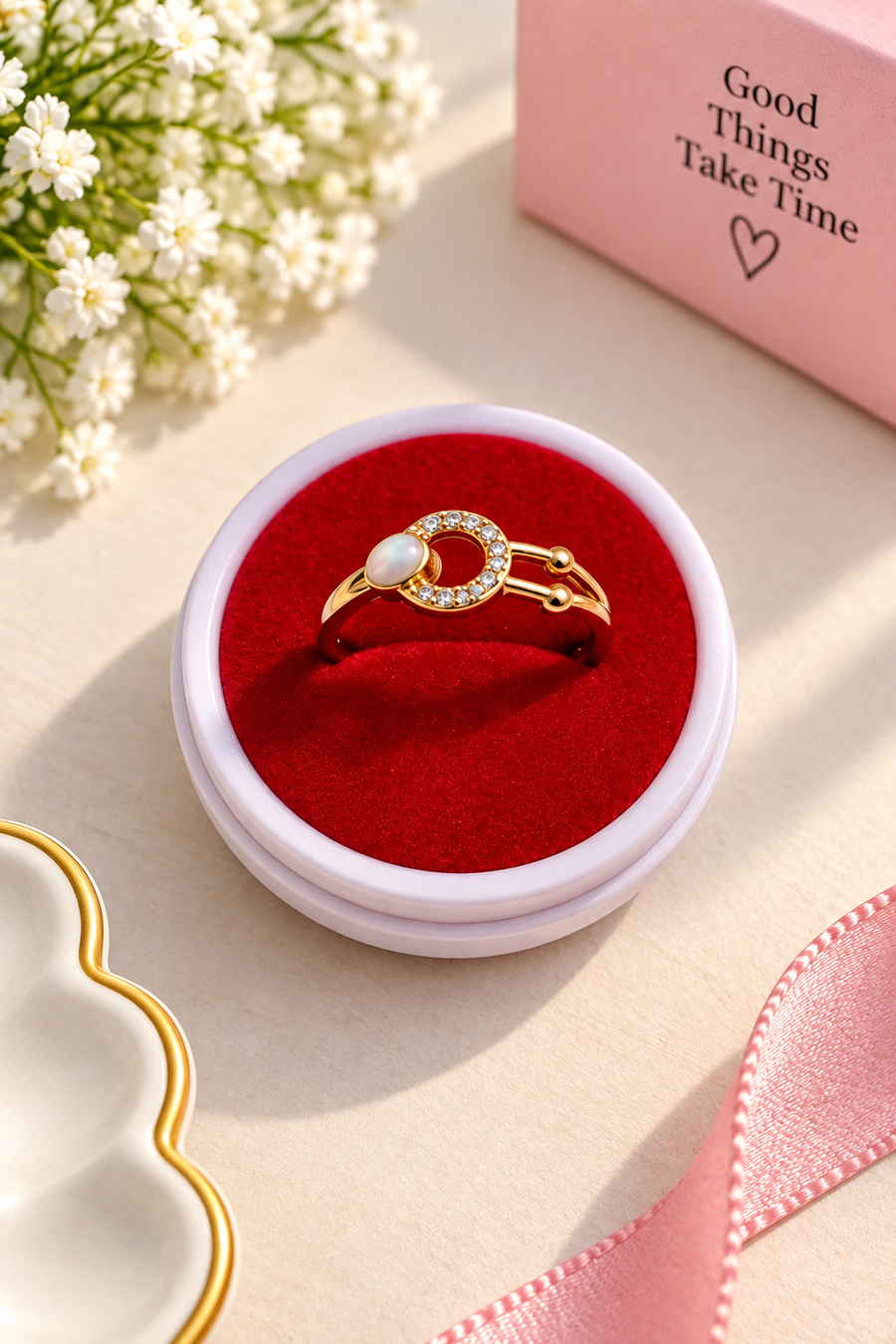 Gold Tone Pearl Crystal Ring