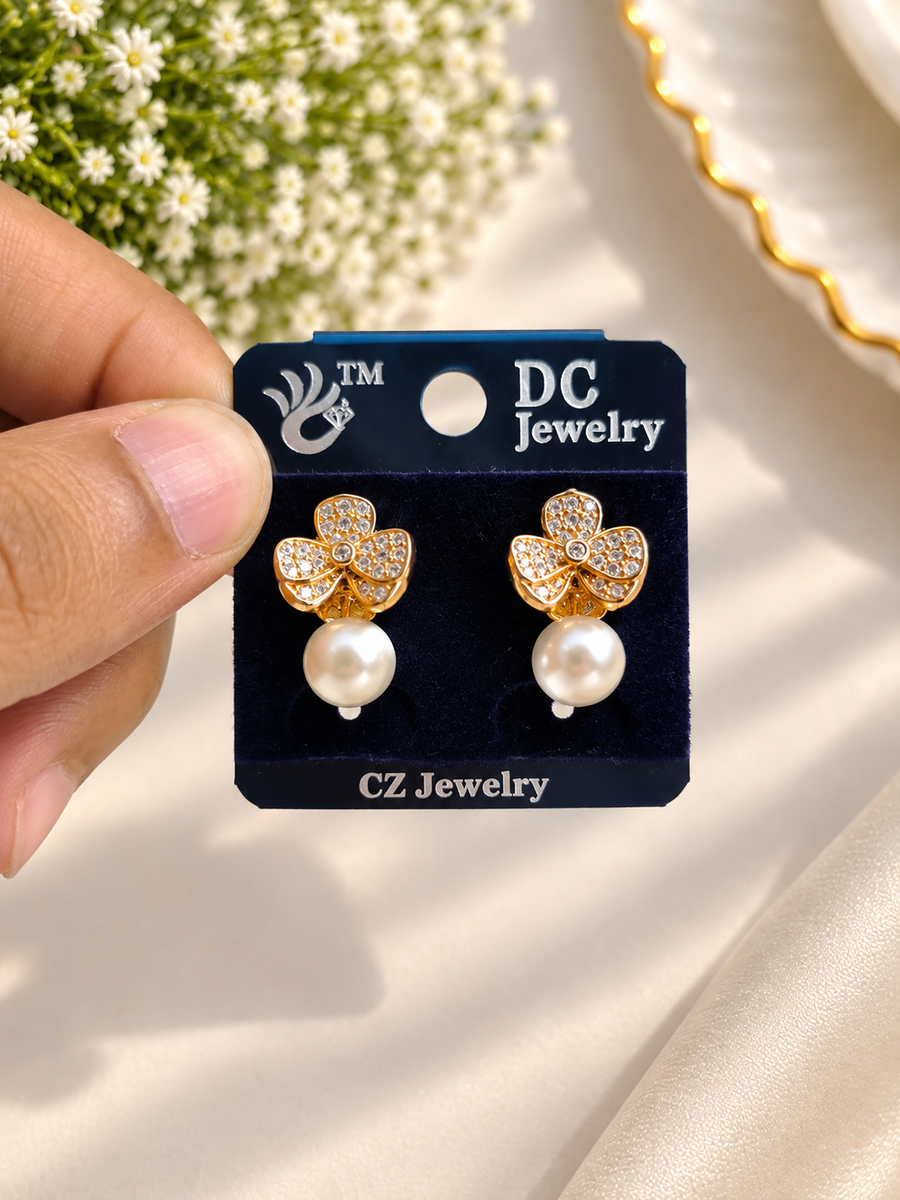 Golden Flower Pearl Drop Earrings