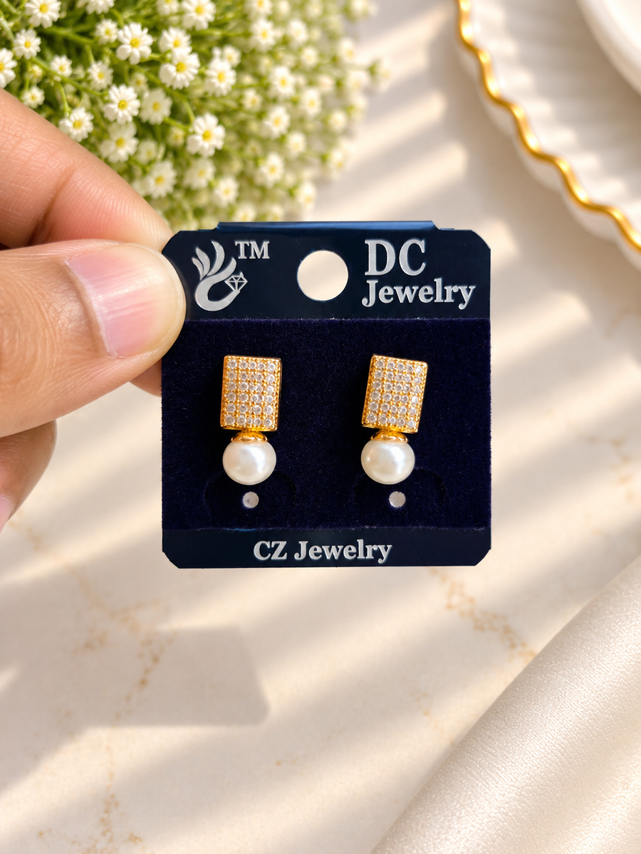 Golden Pearl CZ Stud Earrings