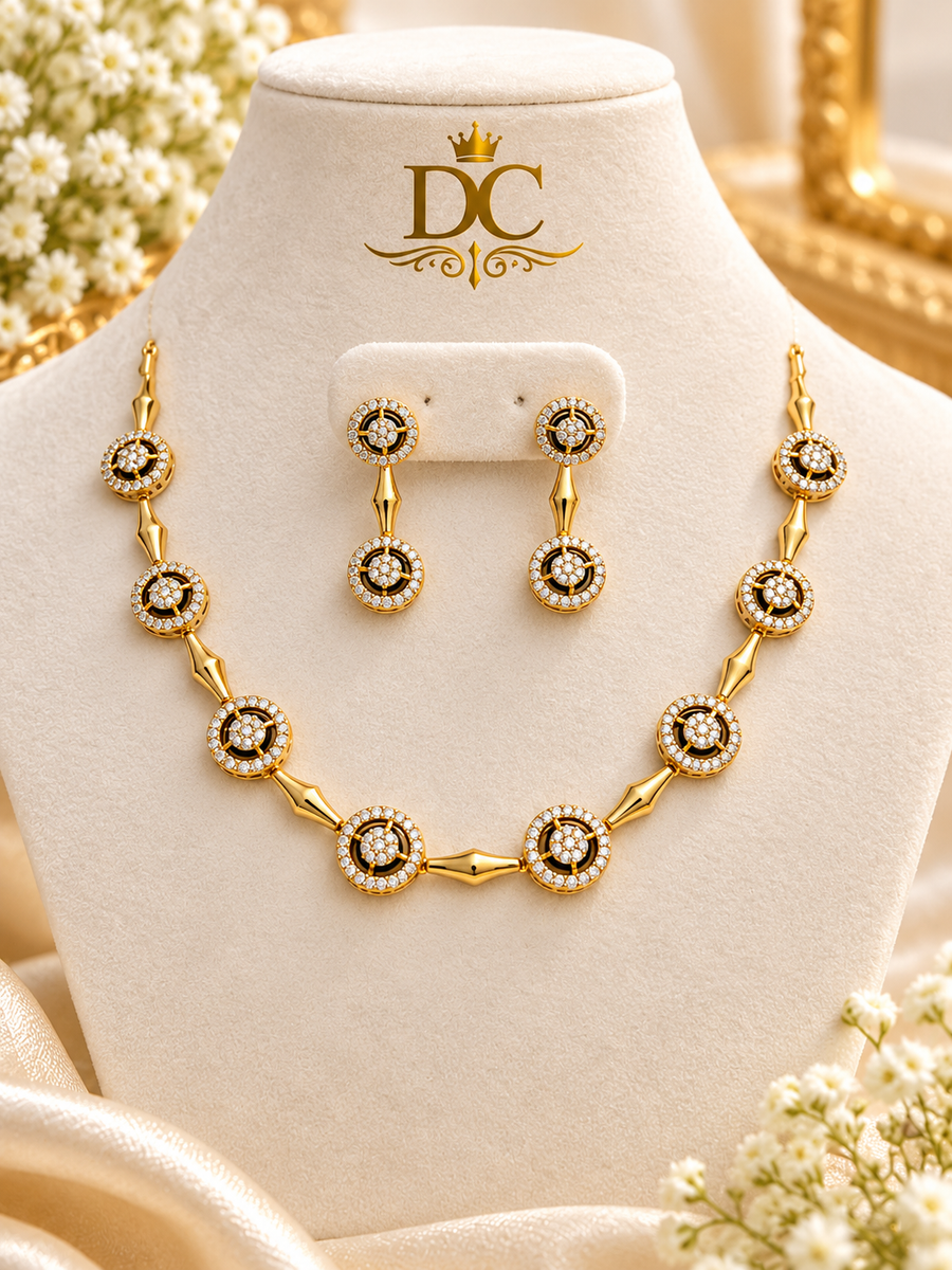 Golden American Diamond Necklace Set with Earrings