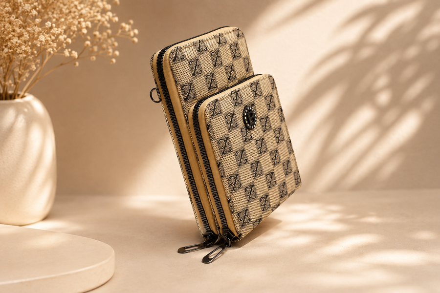 Women's Beige Printed Double Zip Wallet