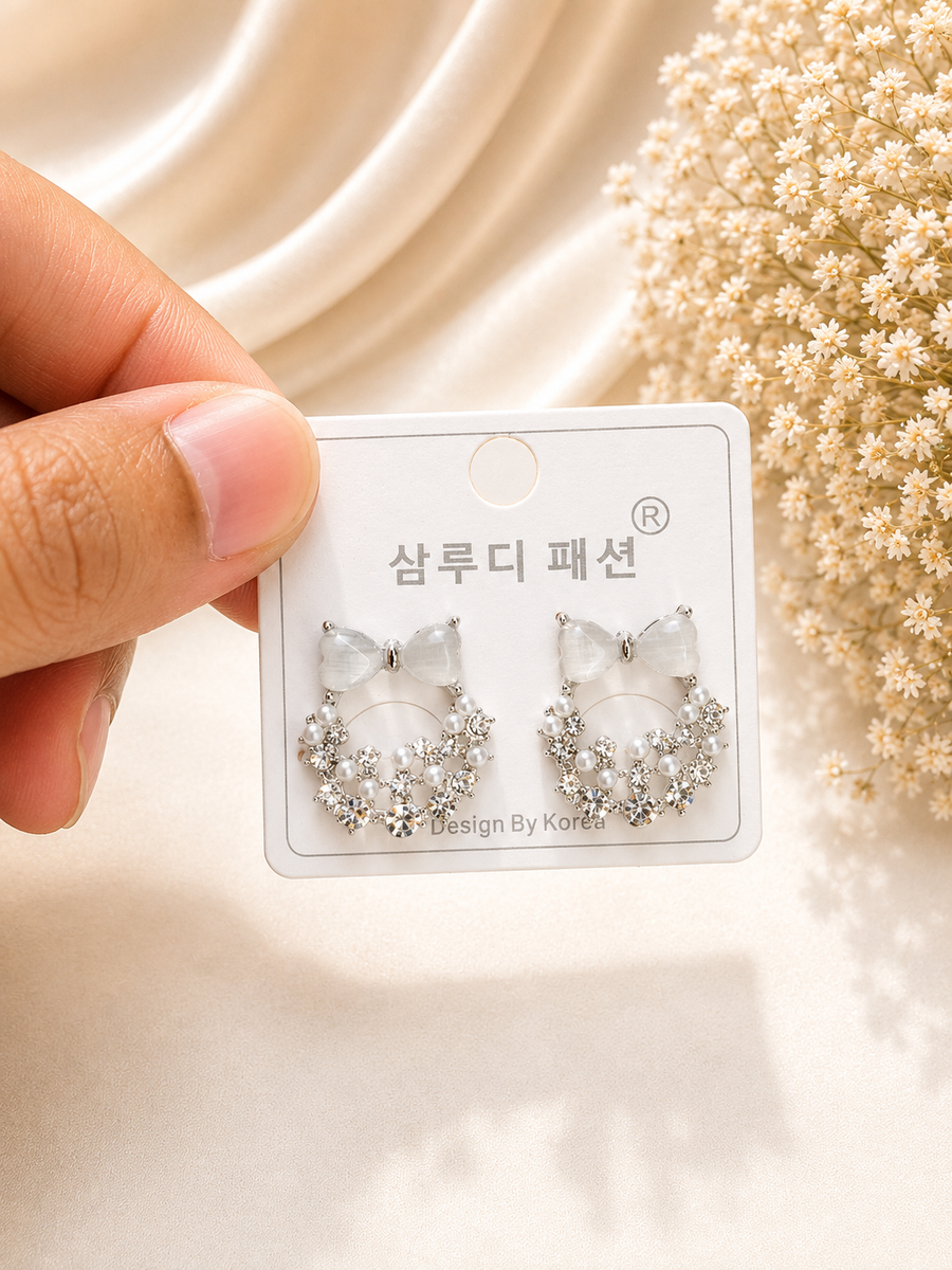 Pearl Bow Crystal Hoop Earrings