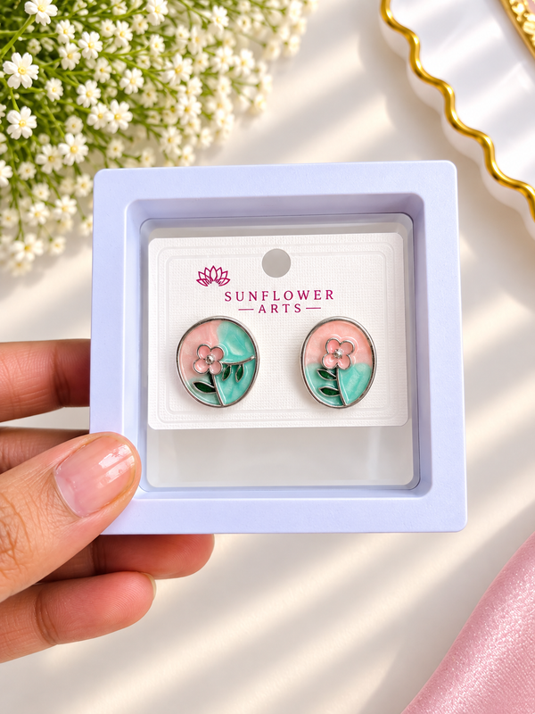 Pink & Green Floral Enamel Oval Stud Earrings