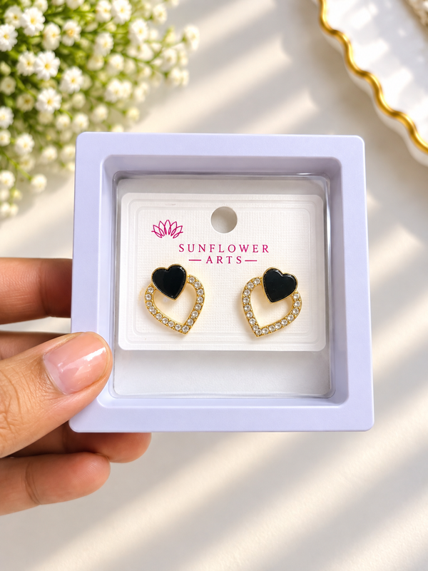 Black Heart Gold Tone Crystal Embellished Earrings