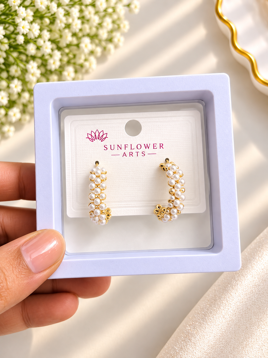 Elegant Gold Tone Pearl Hoop Earrings