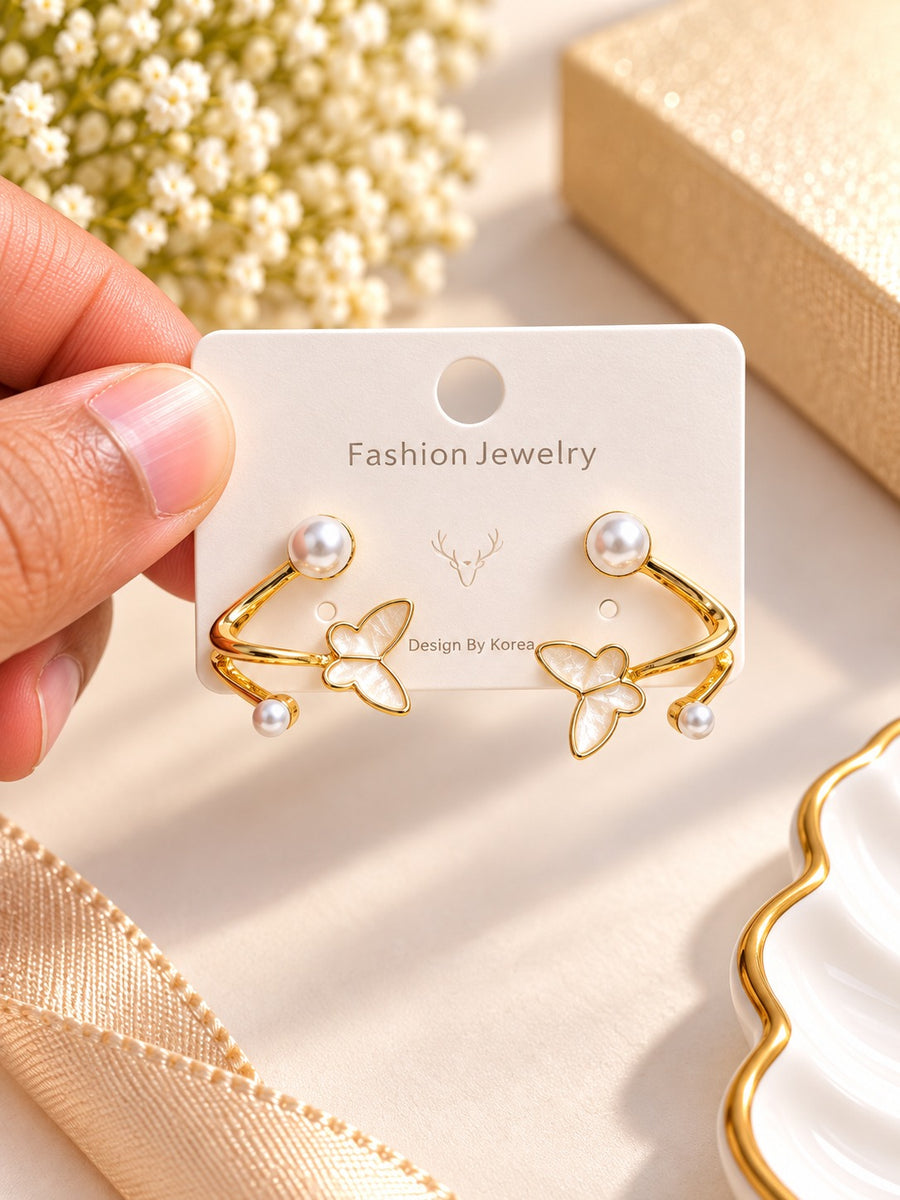 Pearl Butterfly Gold Hoop Earrings
